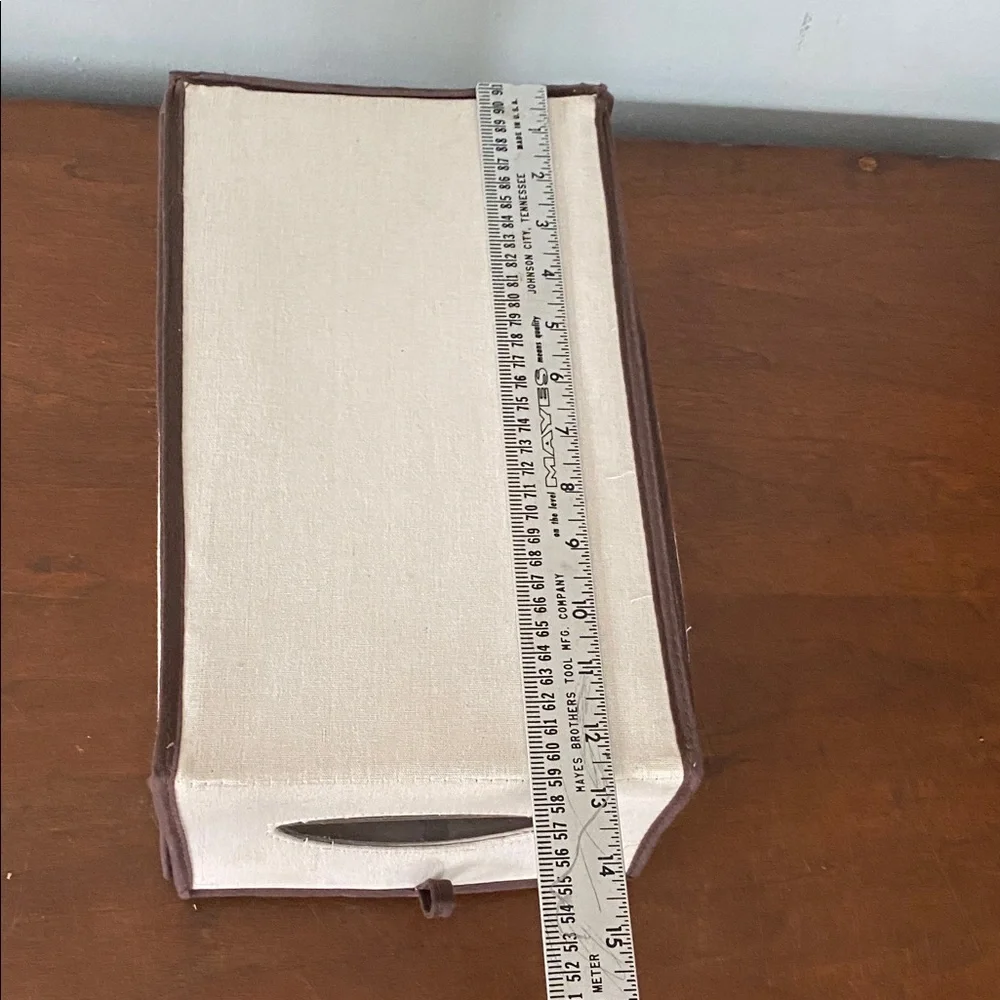 Folding Canvas Storage Box Tan Shoebox with Brown Trim collapsible folds